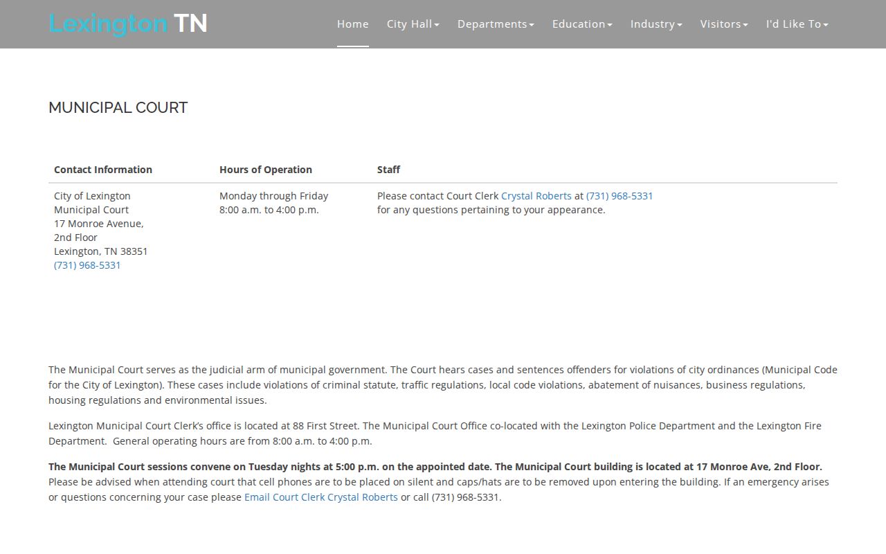 Henderson County municipal warrant Lexington Municipal Court contact details