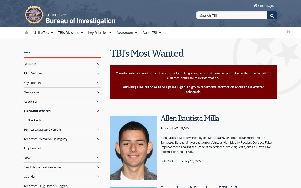 Henderson County most wanted information, TBI program header without individual profiles
