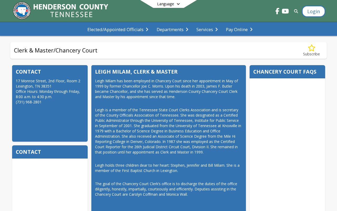Henderson County bench warrant Chancery Clerk and Master contact page